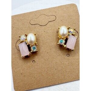 Trifari Stone Cluster Stud Earrings Gold Tone Pearl Aurora Borealis Pink